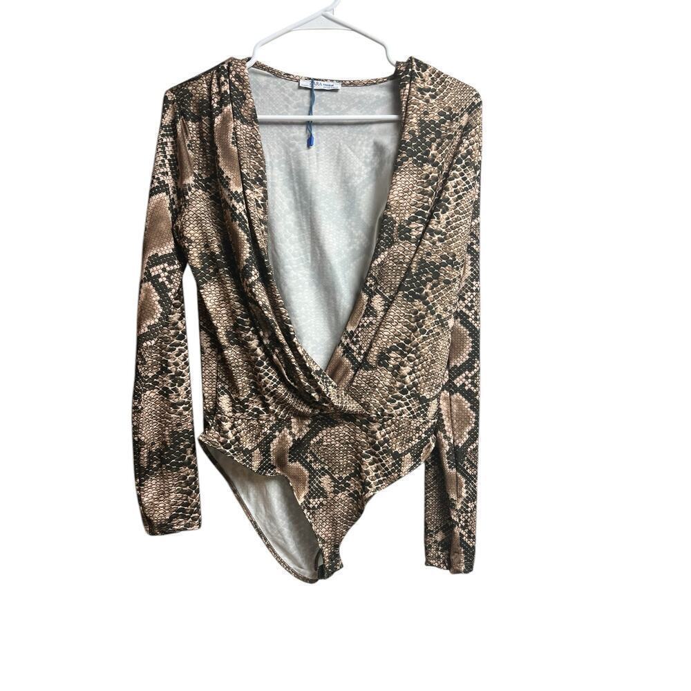 Zara Trafaluc Women's Size Medium Snakeskin Print Plunge Neckline Bodysuit